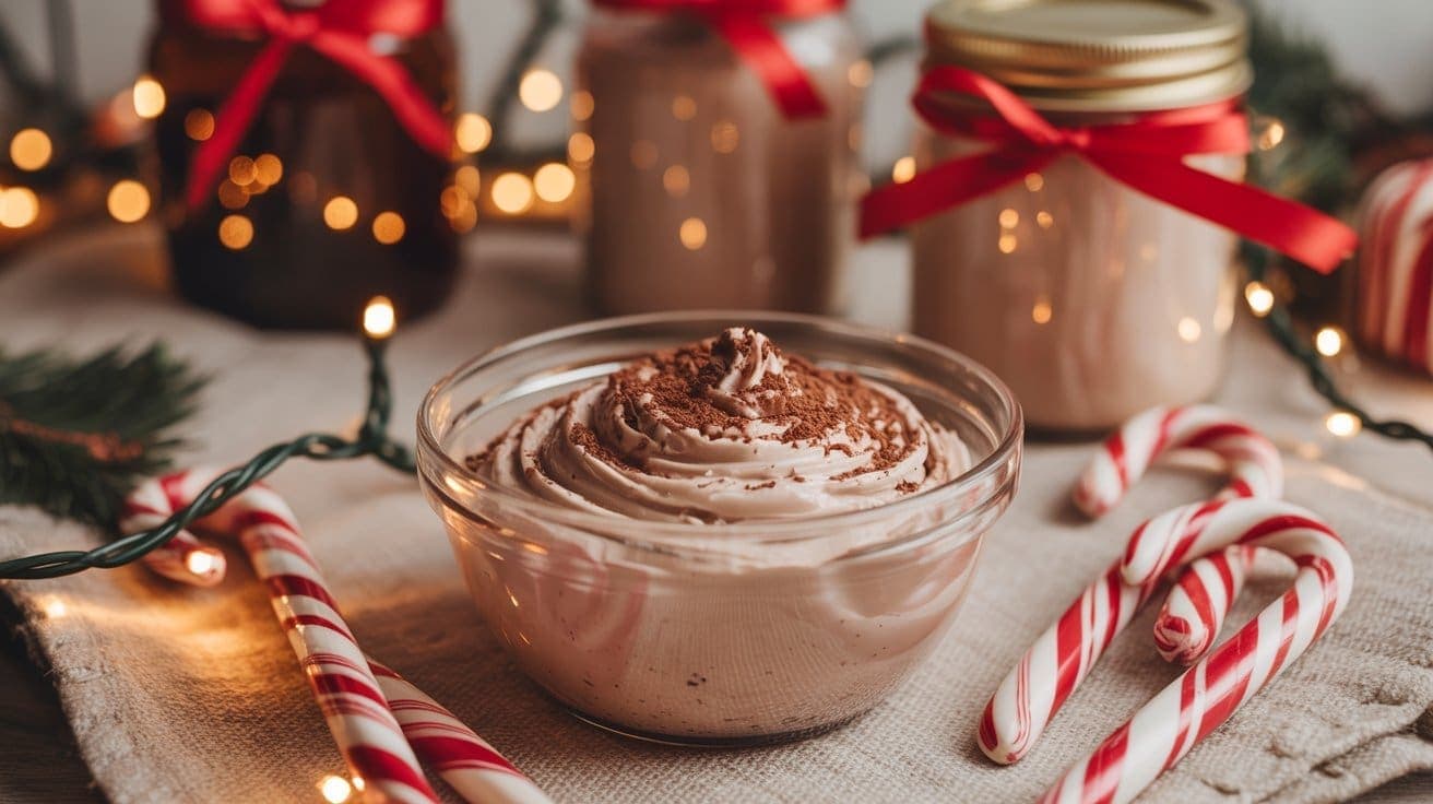 A glass bowl of creamy chocolate mousse topped with cocoa powder is surrounded by candy canes, jars tied with red ribbons, greenery, and twinkling holiday lights on a festive table.