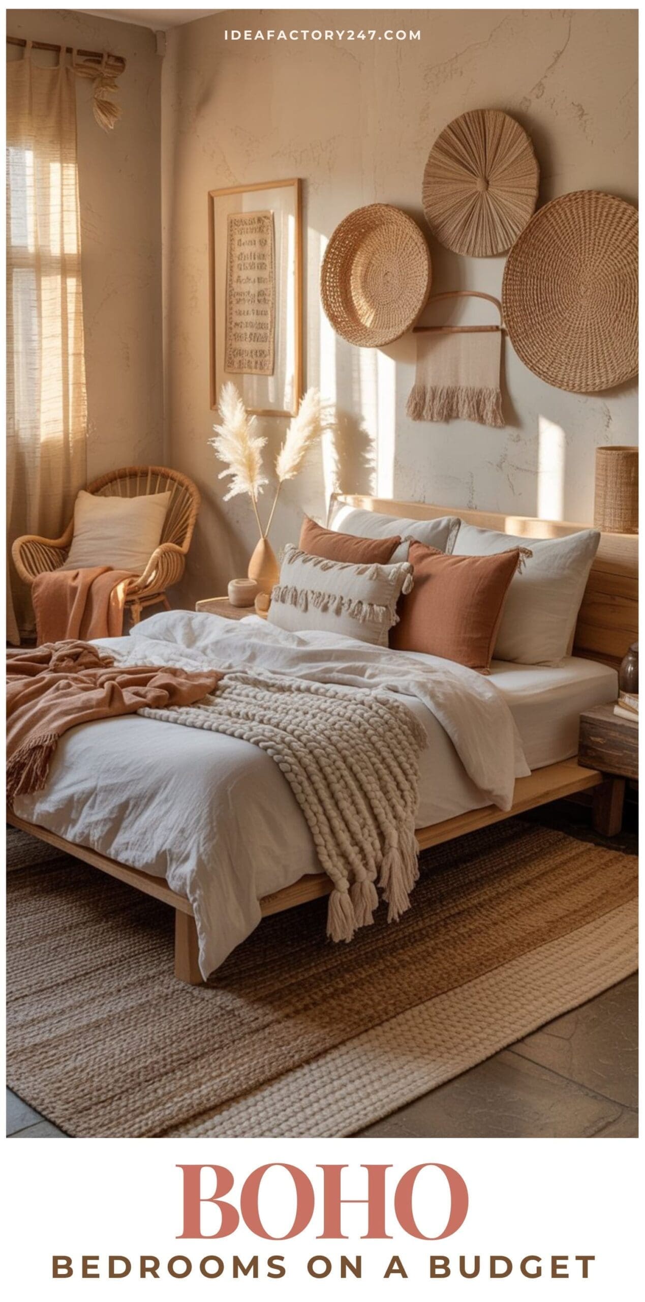 A cozy boho bedroom with a wooden bed, white and brown bedding, woven rugs, rattan chair, and decorative baskets on the wall. Warm sunlight streams in through sheer curtains for relaxed boho dorm room decor and inviting boho chic room ideas.