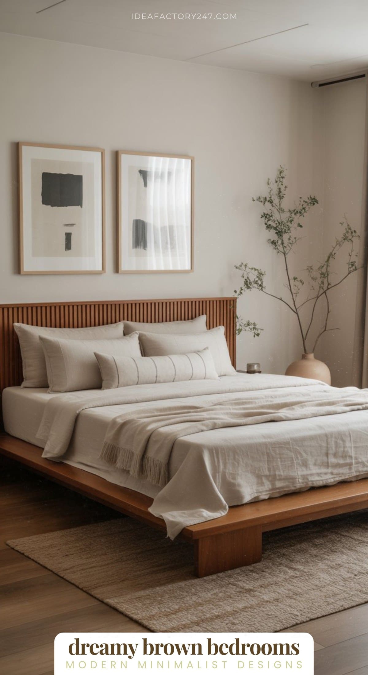 A modern minimalist bedroom with a low wooden bed, beige bedding, abstract art on the wall, and a potted plant in the corner. Text reads, dreamy brown bedrooms: modern minimalist designs.