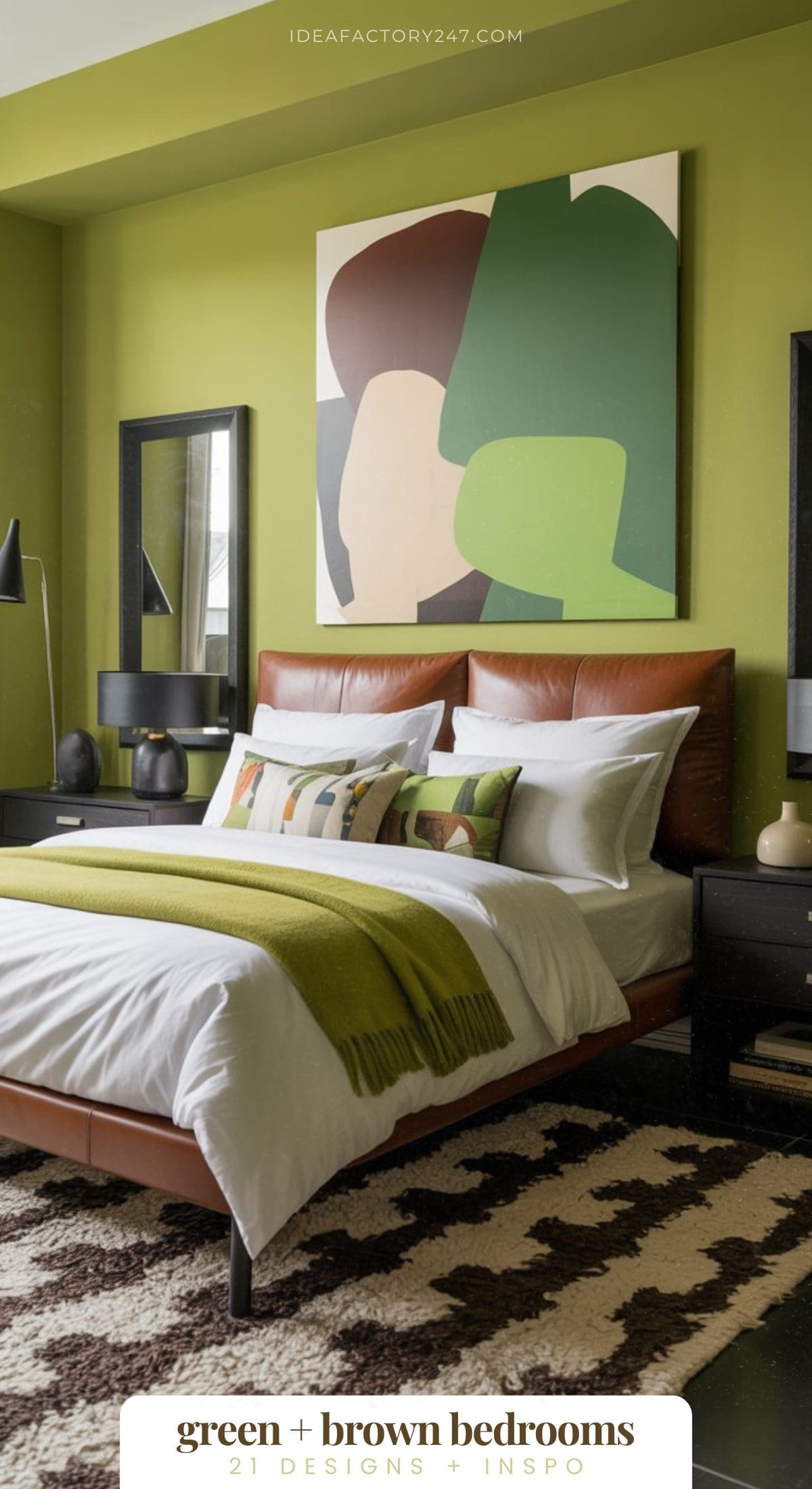 A modern green and brown bedroom features green walls, a brown leather bed, white bedding with green and brown accents, abstract wall art, and two black nightstands with matching lamps. Text reads “green + brown bedrooms.”.