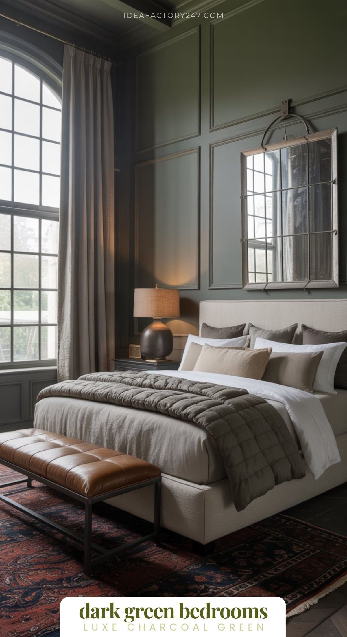 Obsessed with dark green? We are too! This dreamy charcoal green bedroom is part of our 20+ moody green bedrooms collection.  Be sure to click to get more dark green inspo!This image:  A cozy luxe bedroom with dark green paneled walls, a tall window, neutral bedding and a burgundy vintage rug.