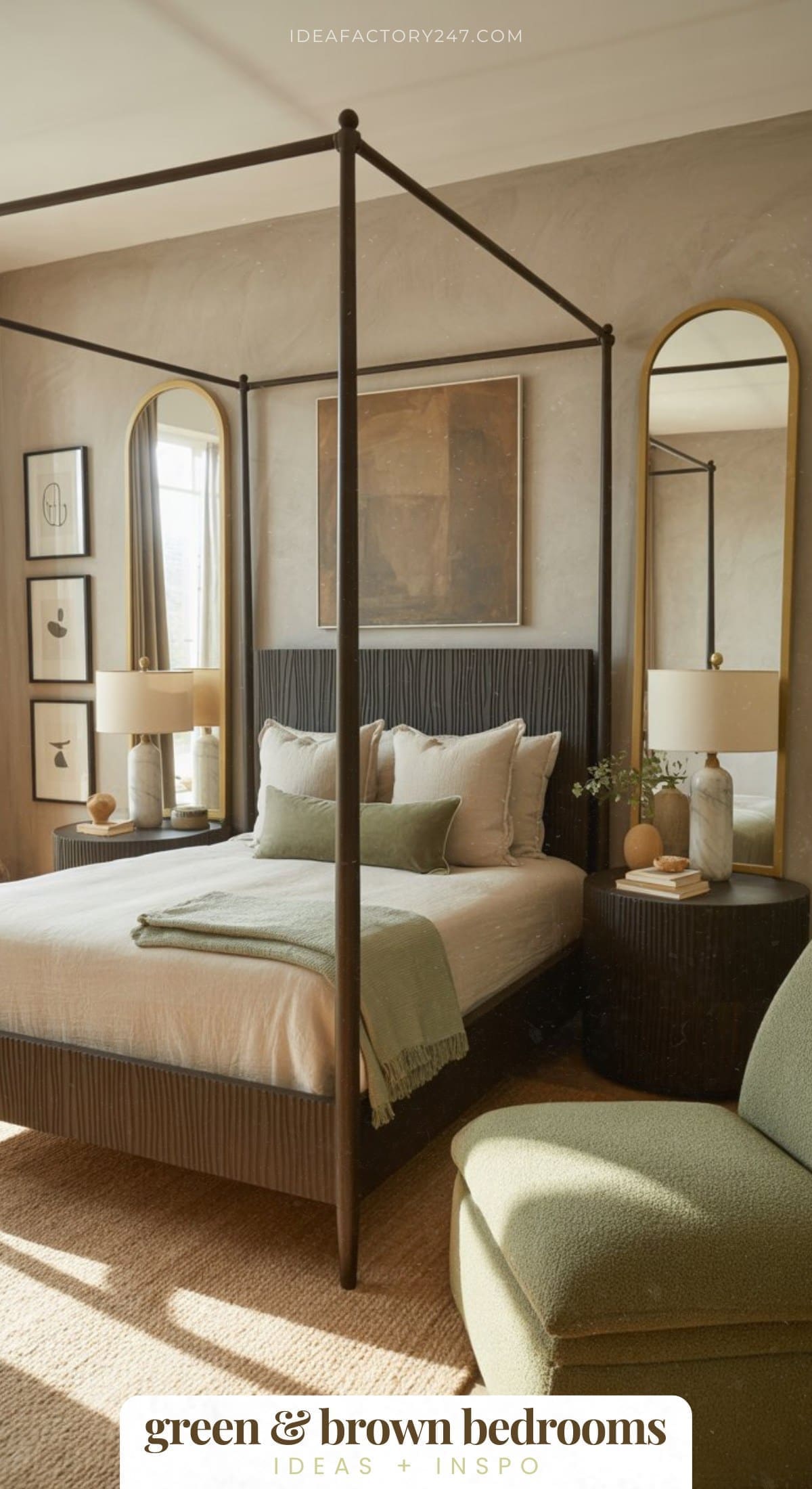 A cozy bedroom with a four-poster bed, green and beige bedding, large mirrors behind round nightstands, wall art, and a green armchair. Natural light streams through tall windows with light curtains.