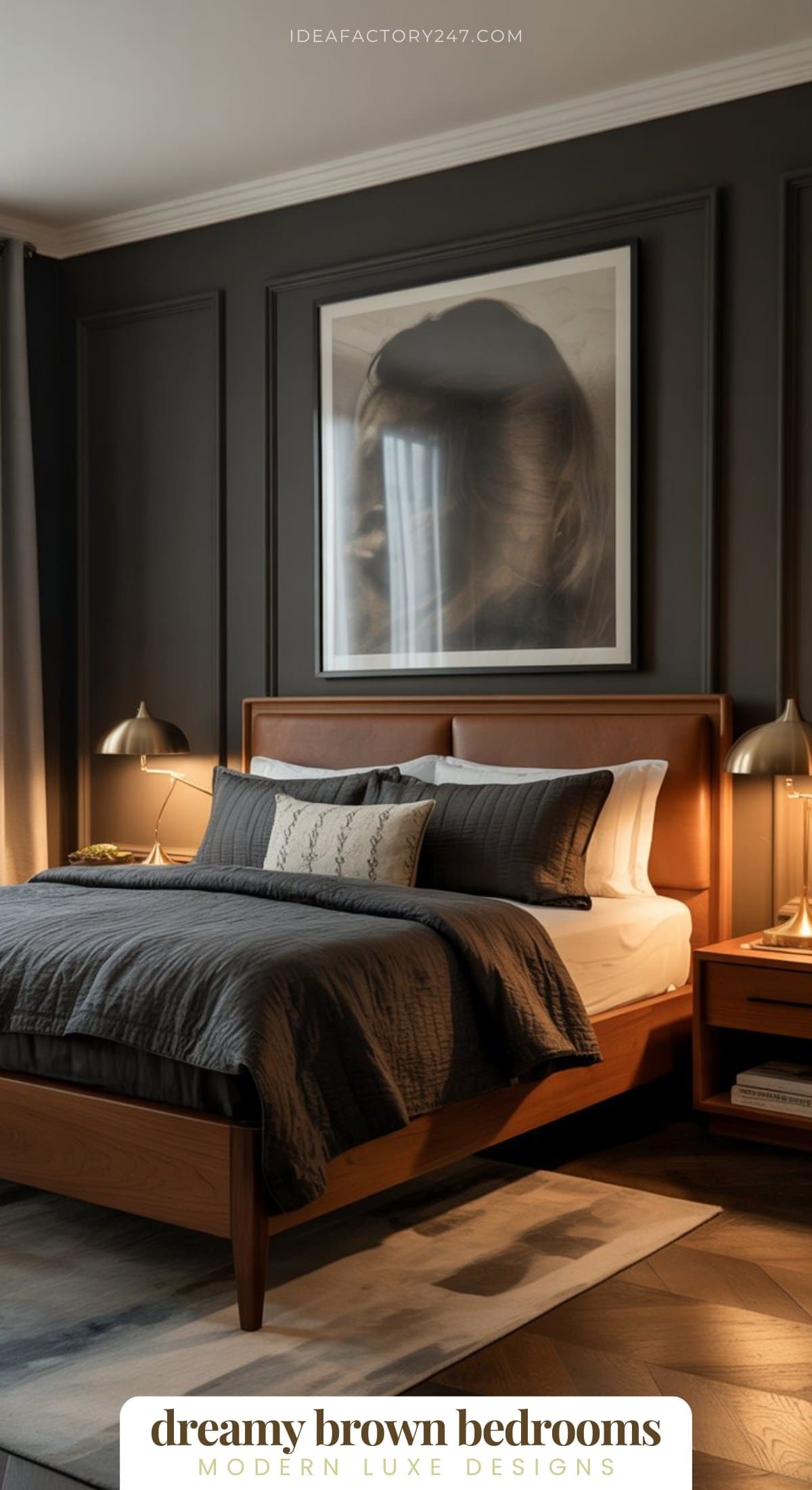 A modern bedroom with dark brown walls, a wooden bed frame, gray bedding, gold lamps on wooden nightstands, and a large monochrome portrait above the bed. Text at the bottom reads “dreamy brown bedrooms.”.