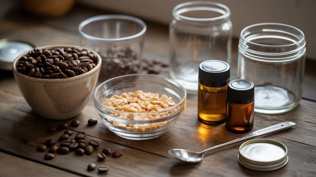 A wooden table holds coffee beans in a bowl, pine nuts in a glass dish, amber glass bottles with droppers, three empty glass jars, a metal spoon, and a jar lid, all arranged neatly in natural light.