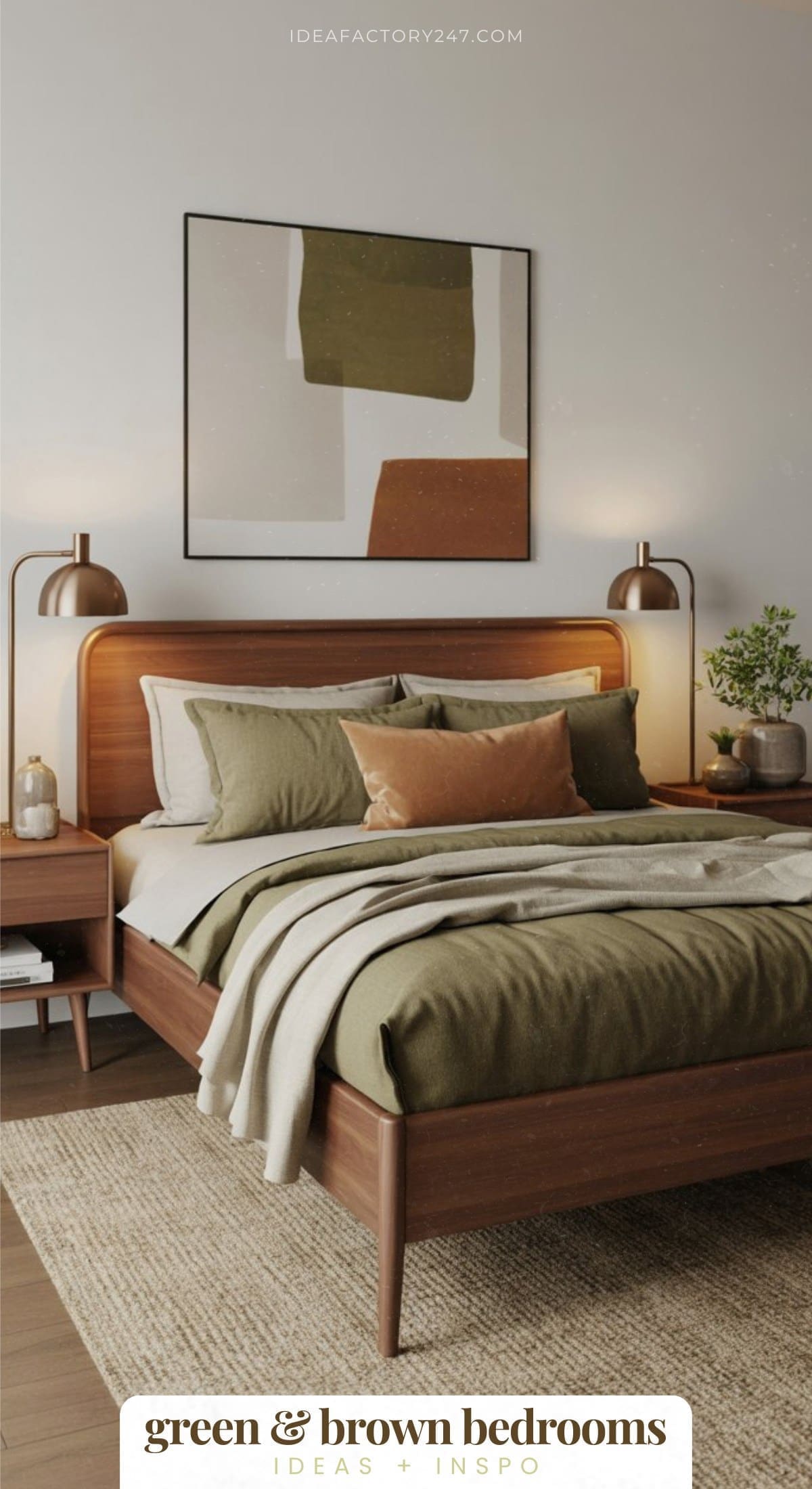 A modern bedroom with a wooden bed frame, green and brown bedding, matching pillows, two bedside tables with lamps, a plant, and abstract art on the wall. The decor features earthy tones and a cozy atmosphere.