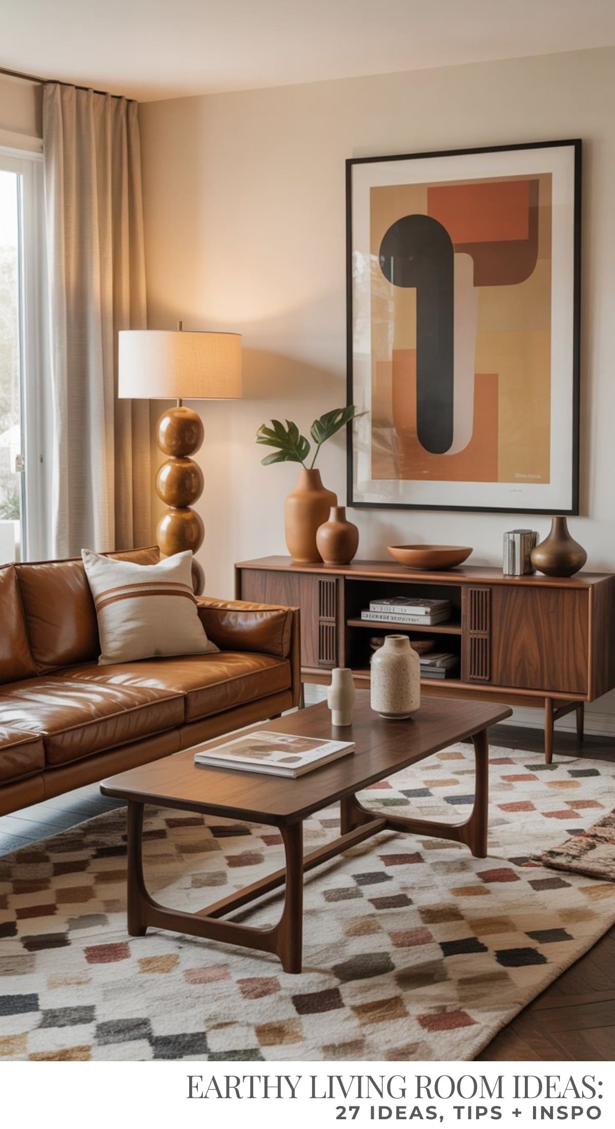 A modern, earthy living room with a caramel brown leather sofa, wooden coffee table, abstract art on the wall, geometric rug, and neutral decor. A sculptural lamp and mid-century sideboard enhance the cozy atmosphere.