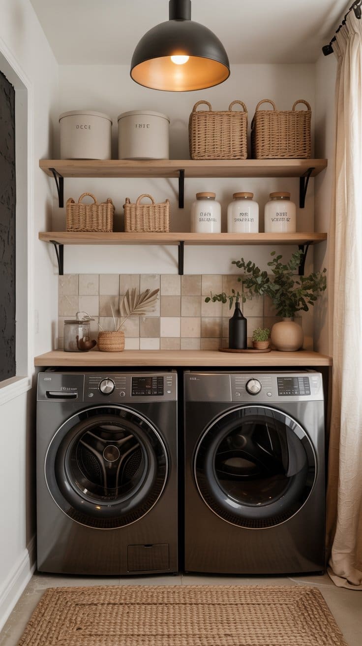 A modern laundry room with a black washer and dryer, wooden shelves holding woven baskets and labeled jars, beige tile backsplash, and decorative plants on the countertop. A woven rug covers the floor.