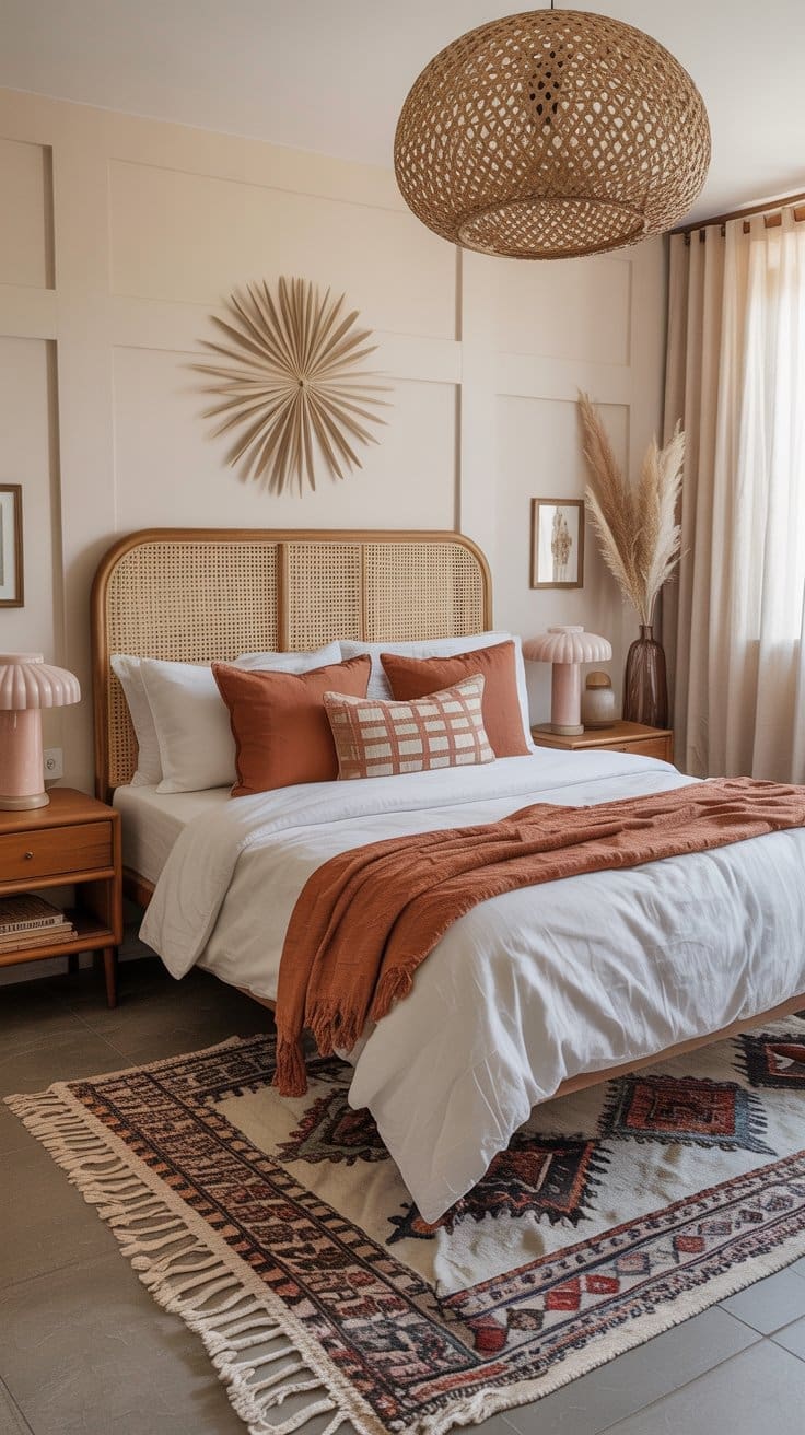 A cozy bedroom with a rattan headboard, white bedding, rust-colored pillows and throw, two pink lamps, a geometric rug, and a wicker pendant light—perfect boho bedroom decor with sunburst art and dried pampas accents for eclectic bedroom styling.
