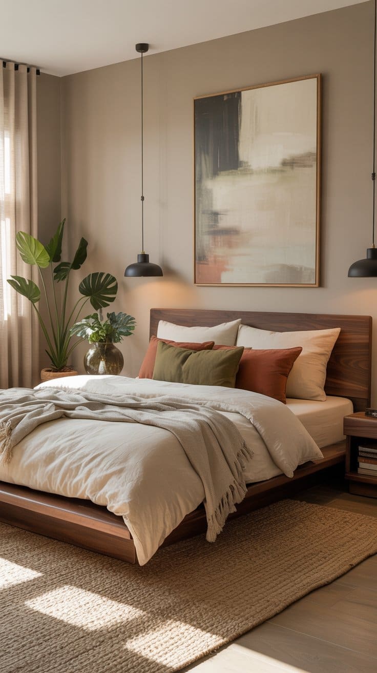 A modern boho bedroom design with a low wooden bed, neutral bedding, earth-toned pillows, a beige throw, houseplants, abstract wall art, black pendant lamps, and natural light streaming through beige curtains onto a jute rug.
