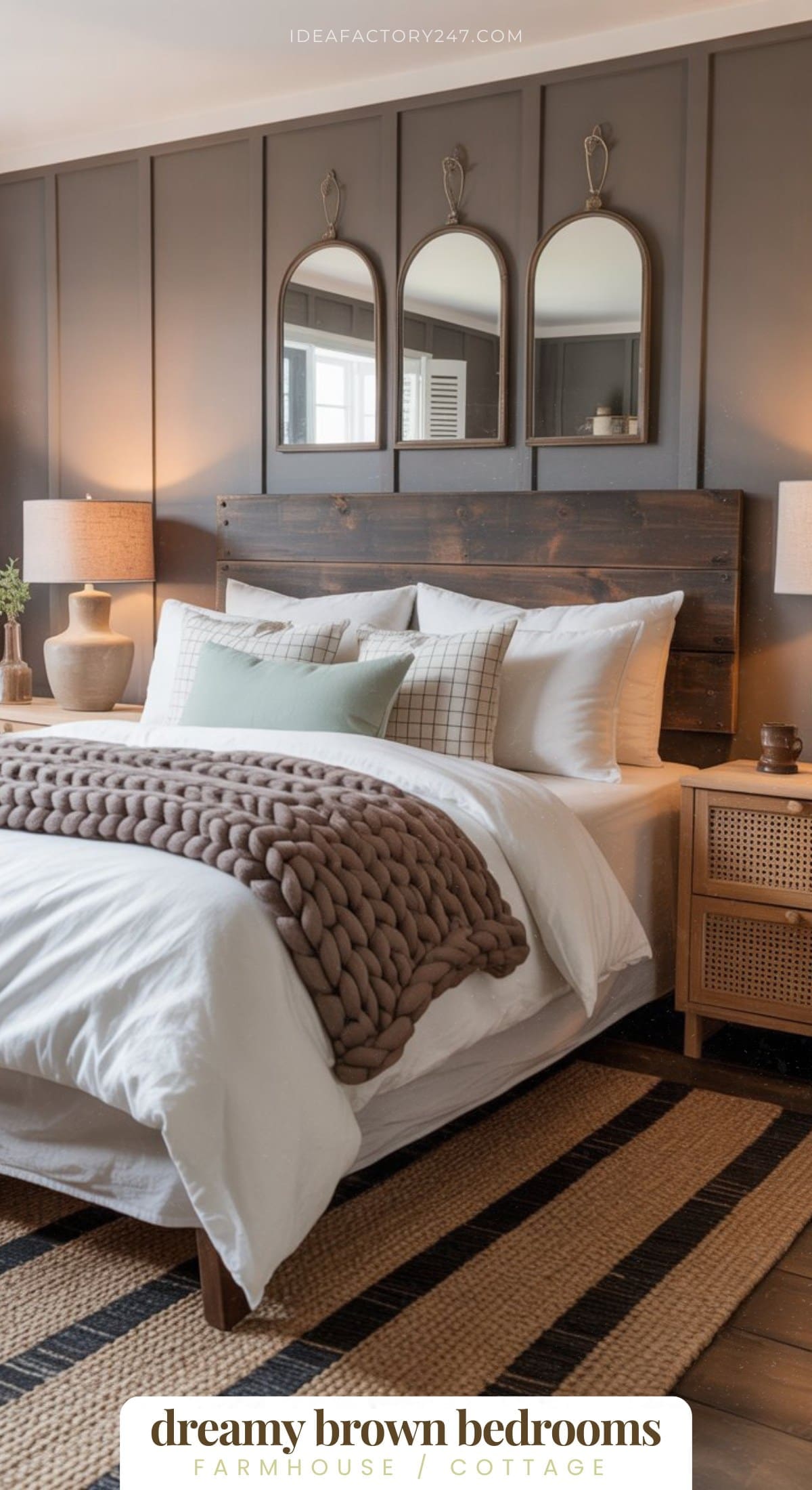 A cozy bedroom with a wooden headboard, white bedding, chunky brown knit blanket, neutral-toned pillows, bedside lamps, rattan nightstands, three arched mirrors, and a striped rug, styled in farmhouse cottage decor.