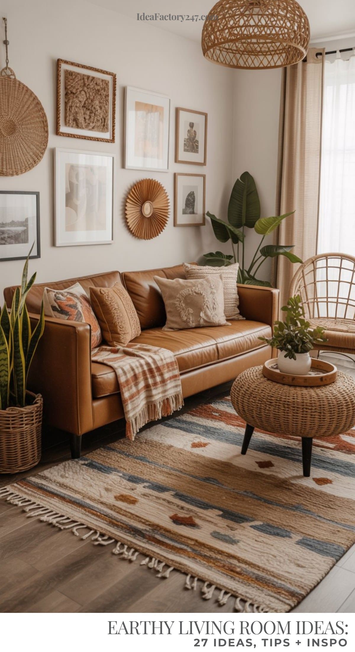 A cozy, earthy living room with a tan leather sofa, woven decor, framed artwork, potted plants, a rattan chair, a patterned rug, and earthy-toned accents creates a warm, inviting natural atmosphere.