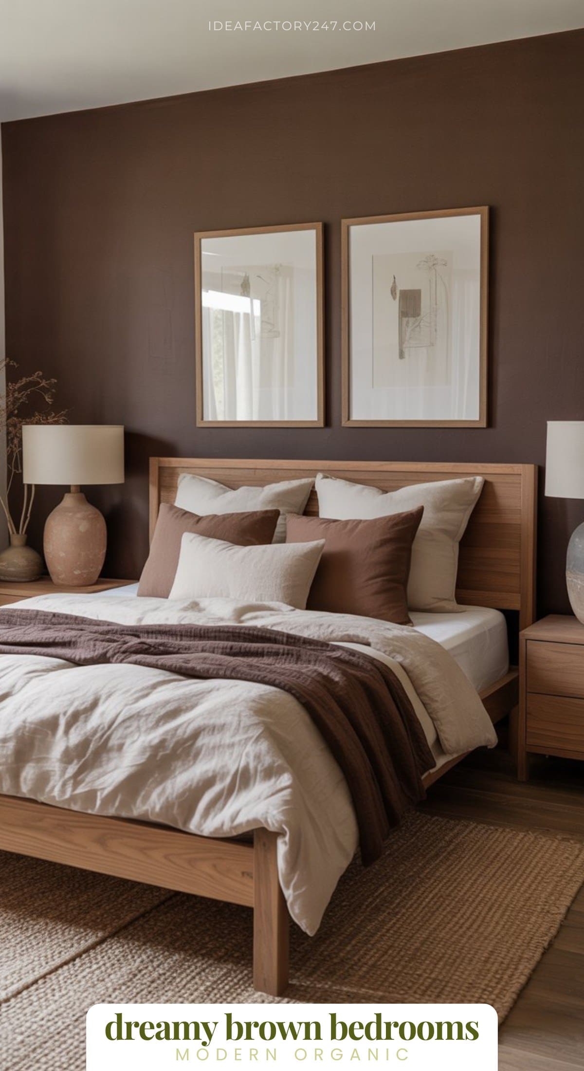 A cozy bedroom with a brown accent wall, wooden bed frame, neutral bedding, brown and beige pillows, two large table lamps, framed art above the bed, and a woven rug on the floor.
