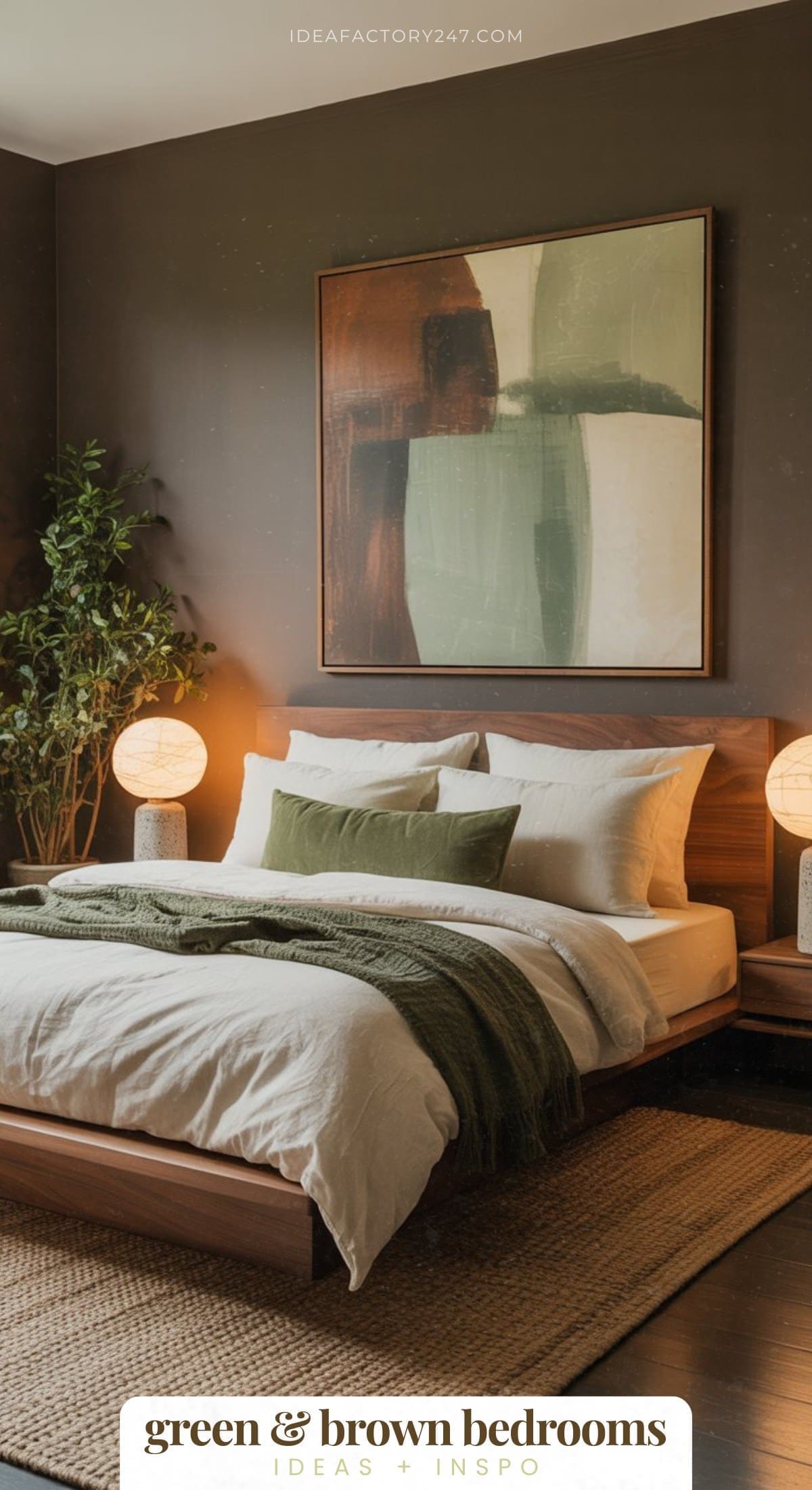 A modern bedroom with dark brown walls, a large abstract painting, a wooden bed with white linens, green pillows and throw, round bedside lamps, a plant, and a woven rug. Text reads: green & brown bedrooms.