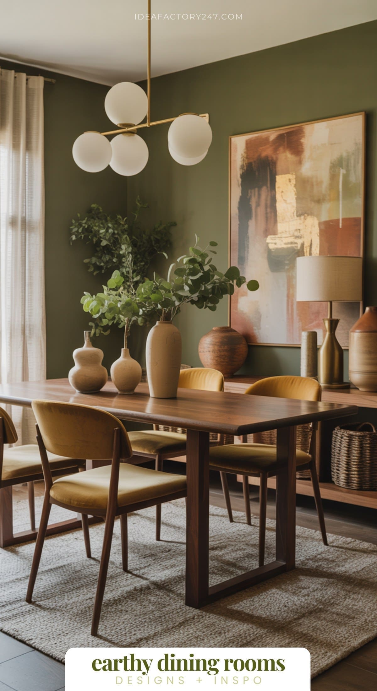A modern earthy dining room features a wooden table, tan chairs, ceramic vases, green plants, abstract art, and a round white chandelier. Natural light filters through sheer curtains on the left.