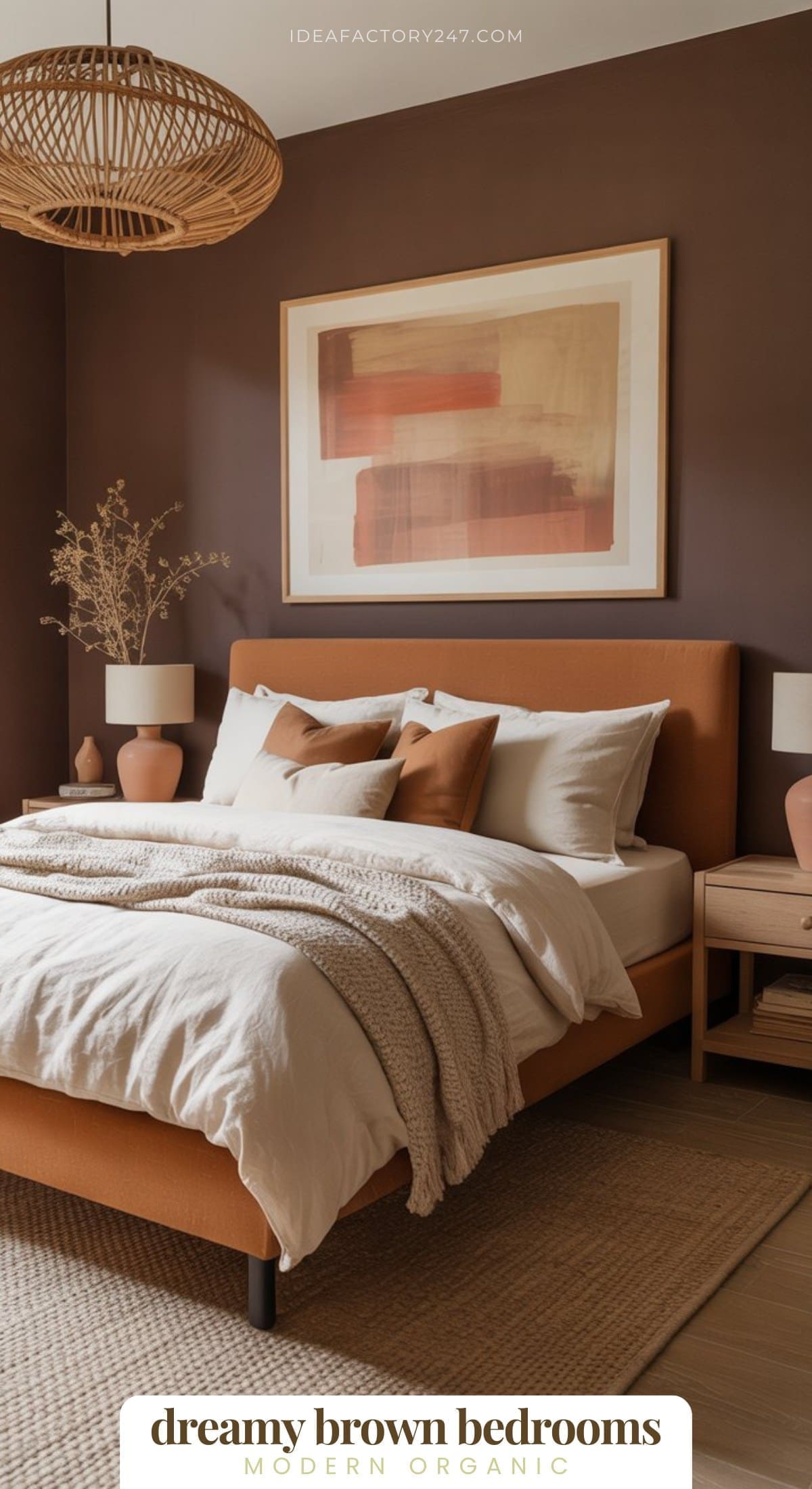 A cozy bedroom with brown walls, a tan bed frame, layered white and beige bedding, abstract wall art, wooden furniture, and neutral decor. Natural light and warm tones create a calm, modern organic atmosphere.