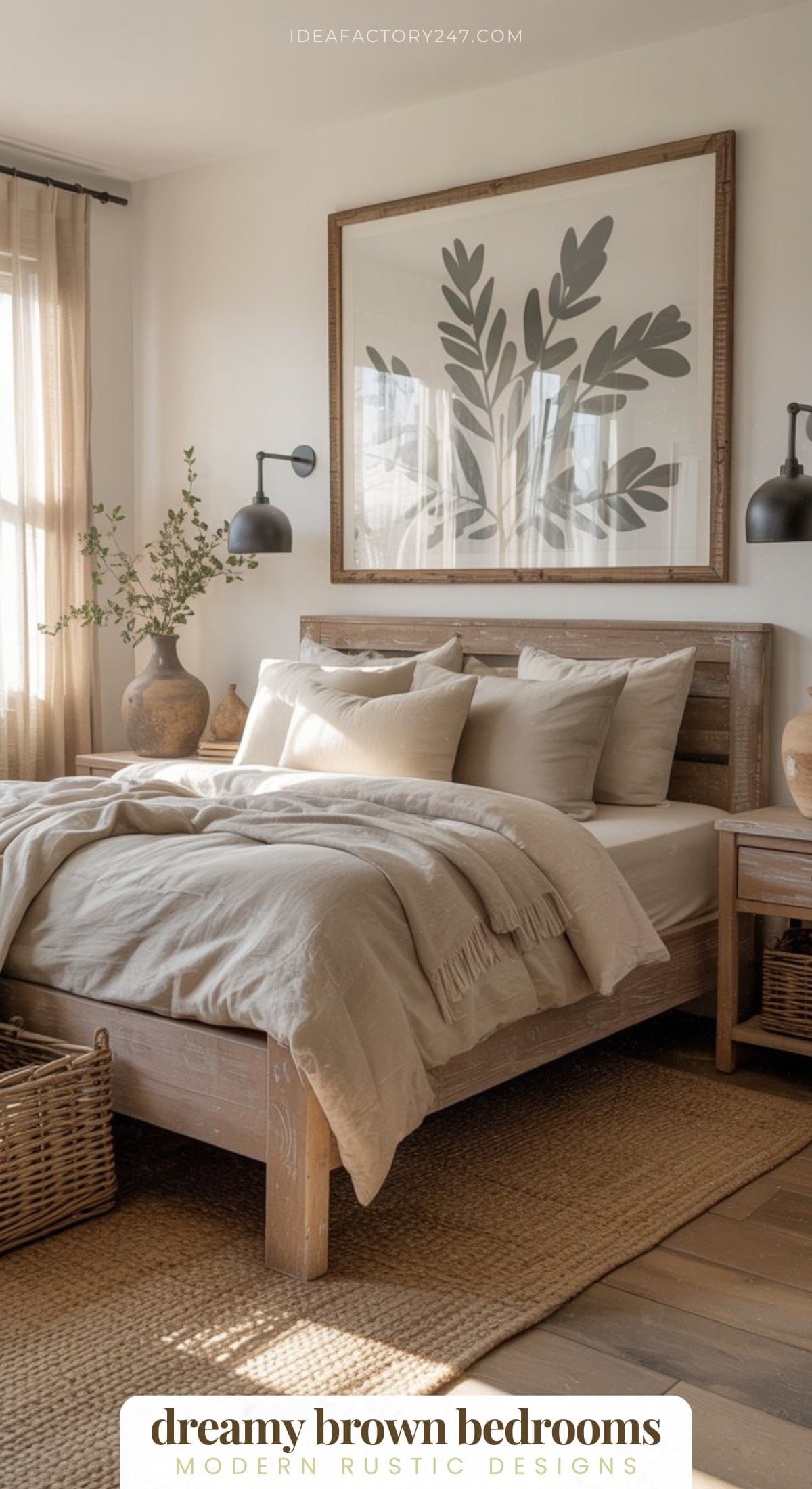 A cozy bedroom with a rustic wooden bed, beige bedding, woven rug, a large botanical print above the bed, a nightstand with a vase, wall lamps, and sunlight streaming through sheer curtains. Text reads “dreamy brown bedrooms.”.