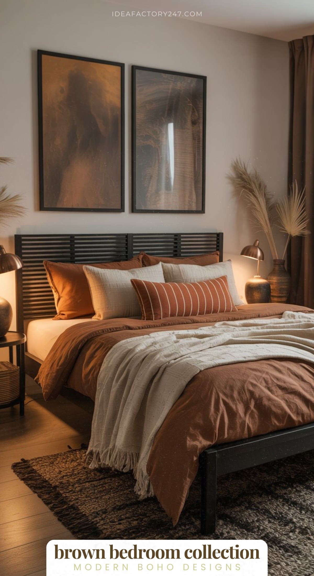 Modern bedroom with earthy brown tones, featuring a neatly made bed with rust-colored bedding, neutral pillows, and throw blanket, black headboard, bedside lamps, large framed art, and dried pampas grass accents.