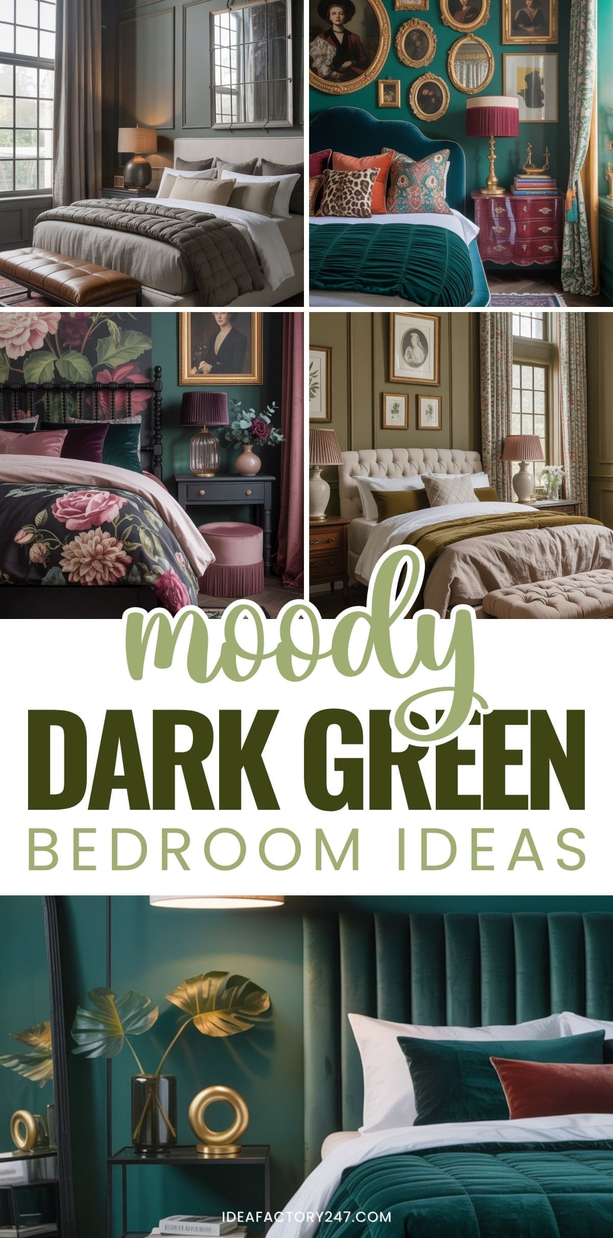 Collage of stylish bedrooms with dark green walls, velvet bedding, eclectic decor, floral patterns, and gold accents. Central text reads “Moody Dark Green Bedroom Ideas” in bold, decorative fonts.