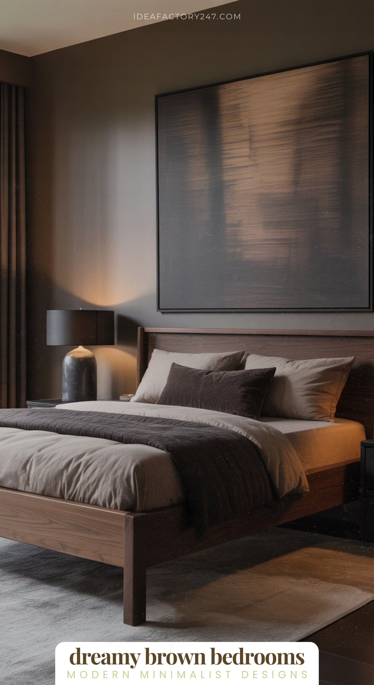 A modern minimalist bedroom with a brown color scheme, featuring a wooden bed, neutral bedding, matching pillows, a black lamp, dark curtains, and a large abstract wall art above the bed.