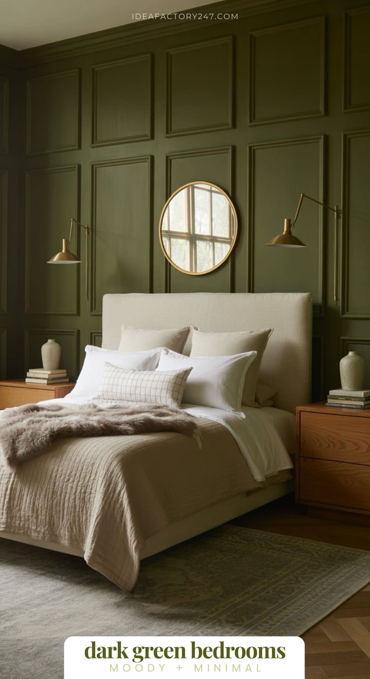 Obsessed with dark green? We are too! This is part of our 20+ moody green bedrooms collection. A stylish bedroom with dark green paneled walls, a beige upholstered bed with white and beige bedding, two wooden nightstands, brass wall lamps, a round mirror, and decorative vases.