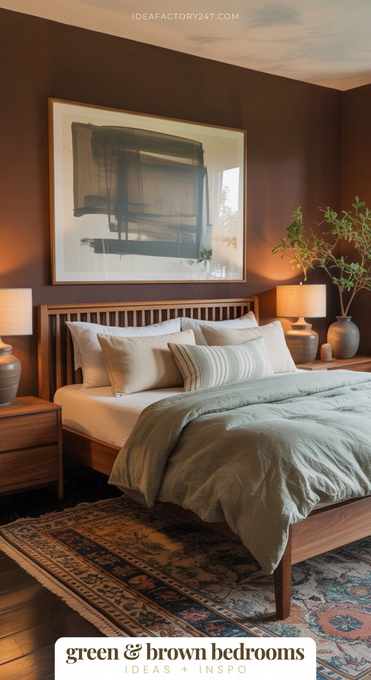 Cozy bedroom with brown walls, a wooden bed frame, sage green bedding, large abstract artwork, two bedside tables with lamps, a potted plant, and a patterned rug. Text reads: “green & brown bedrooms.”.