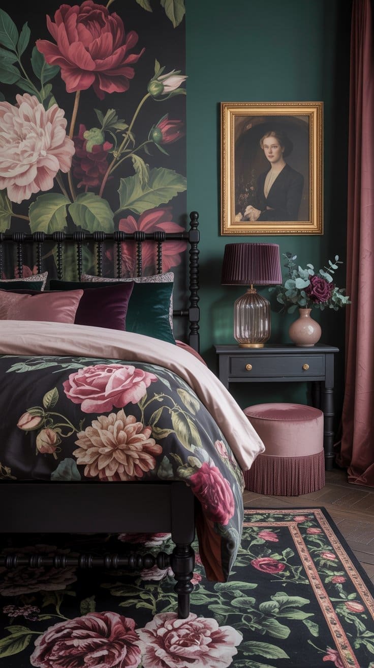 Obsessed with dark green? We are too! This is part of our 20+ moody green bedrooms collection. A vintage-style bedroom featuring a floral wallpaper, a black spindle bed with floral bedding, velvet pillows, a nightstand with a glass lamp, a framed portrait, and roses in a vase against green walls.