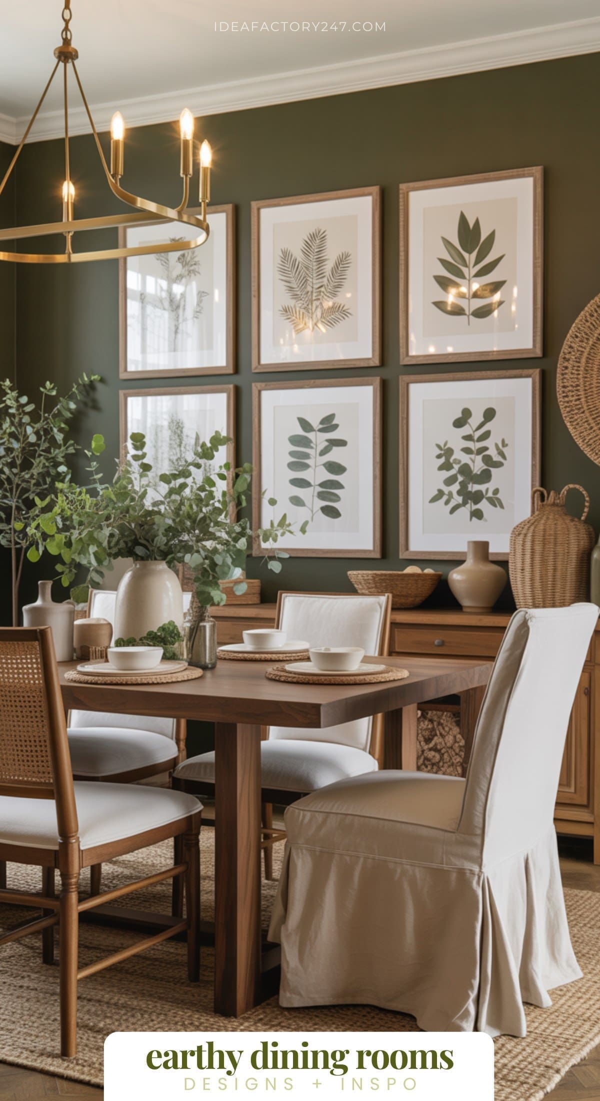 A cozy, earthy dining room with a wooden table, mixed chairs, leafy green walls, botanical art prints, plants, woven decor, and warm lighting creates an inviting atmosphere filled with natural charm.