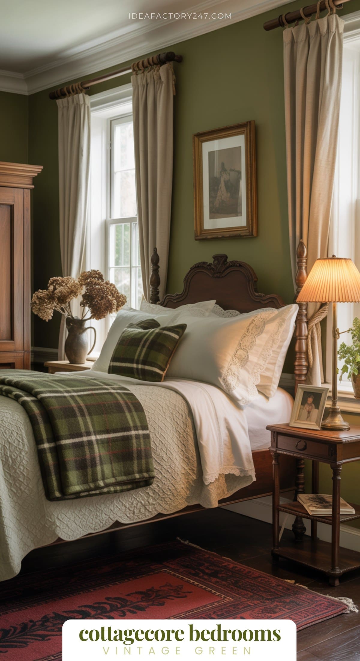 A cozy vintage green bedroom features a wooden bed, plaid blanket, cream bedding, bedside table with a lamp, dried flowers, and long cream curtains framing two windows. This inviting space is perfect for those who love charming green bedrooms.