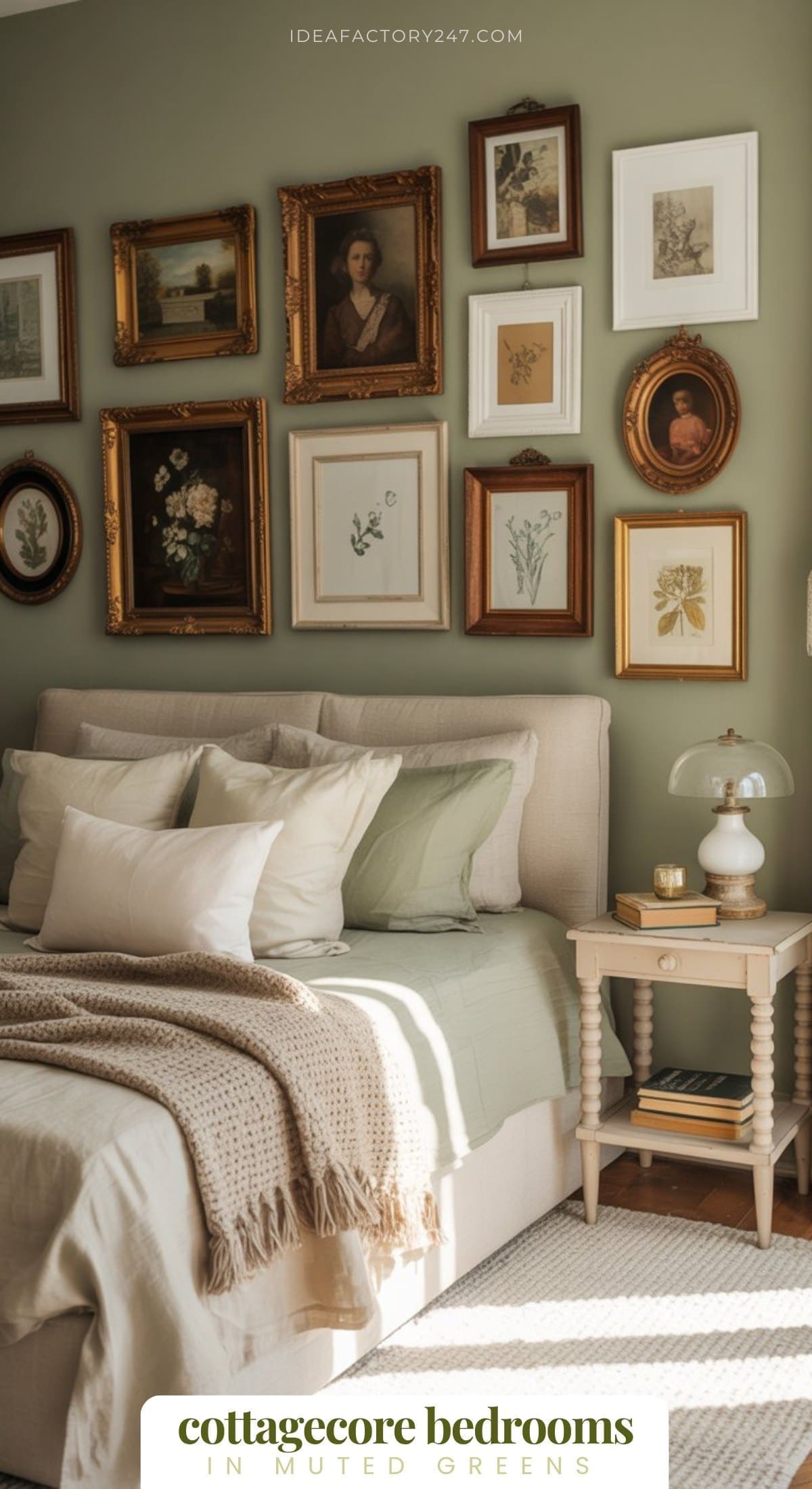 From our collection of green cottagecore bedrooms. Click to see them all!A cozy bedroom with a light beige bed, green and cream bedding, a knitted throw, and a gallery wall of vintage art in gold frames. A small nightstand holds a lamp and books. Text reads green bedrooms in muted cottagecore style.