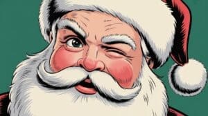 Illustration of Santa Claus with a white beard and red hat, winking and smiling playfully against a green background.