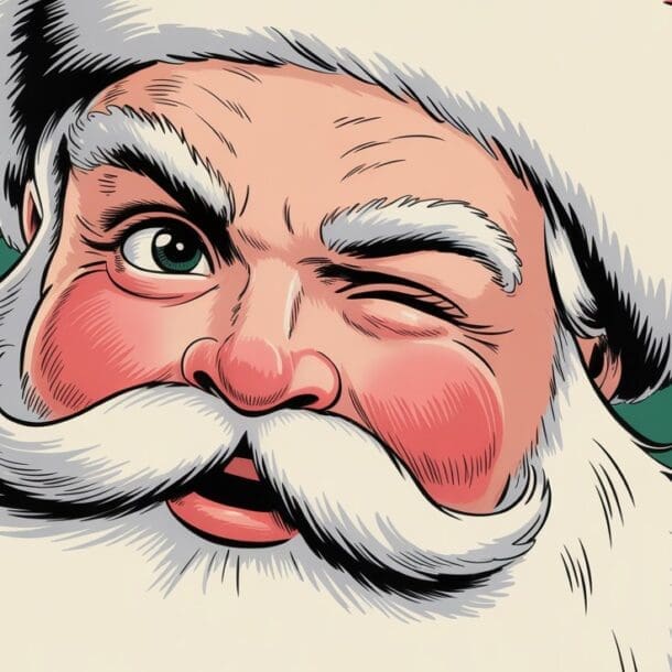 Illustration of Santa Claus with a white beard and red hat, winking and smiling playfully against a green background.