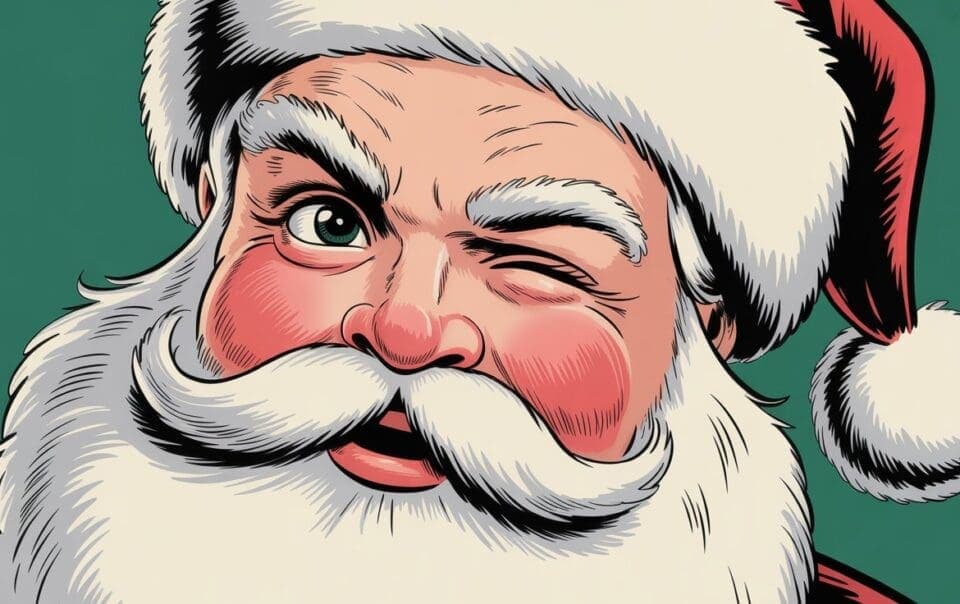 Illustration of Santa Claus with a white beard and red hat, winking and smiling playfully against a green background.