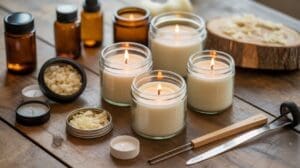 Several lit non-toxic DIY candles in glass jars are arranged on a wooden table alongside amber bottles, a wooden wick trimmer, tea lights, and small containers filled with wax flakes.