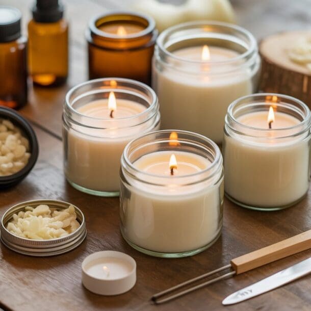 Several lit non-toxic DIY candles in glass jars are arranged on a wooden table alongside amber bottles, a wooden wick trimmer, tea lights, and small containers filled with wax flakes.