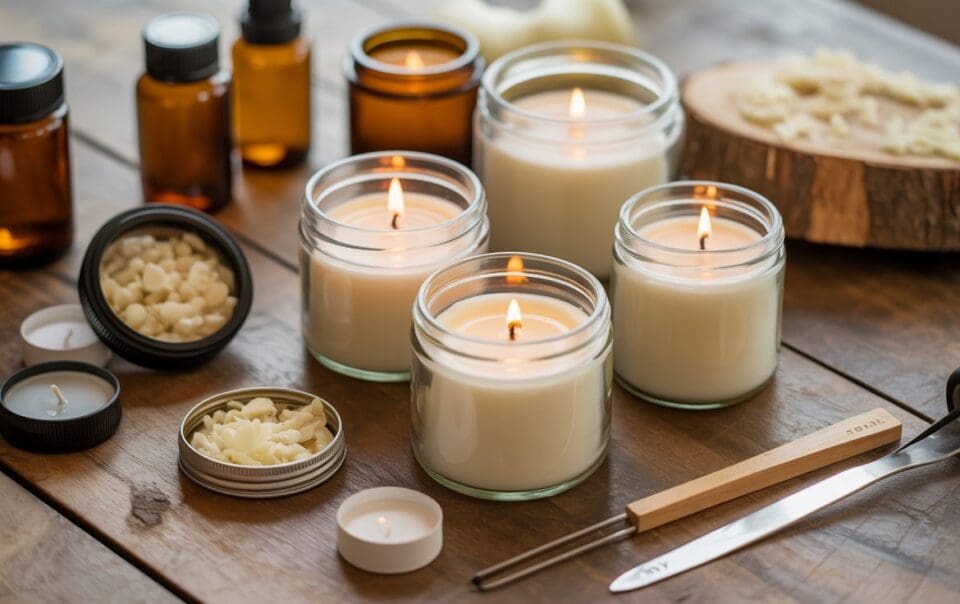 Several lit non-toxic DIY candles in glass jars are arranged on a wooden table alongside amber bottles, a wooden wick trimmer, tea lights, and small containers filled with wax flakes.
