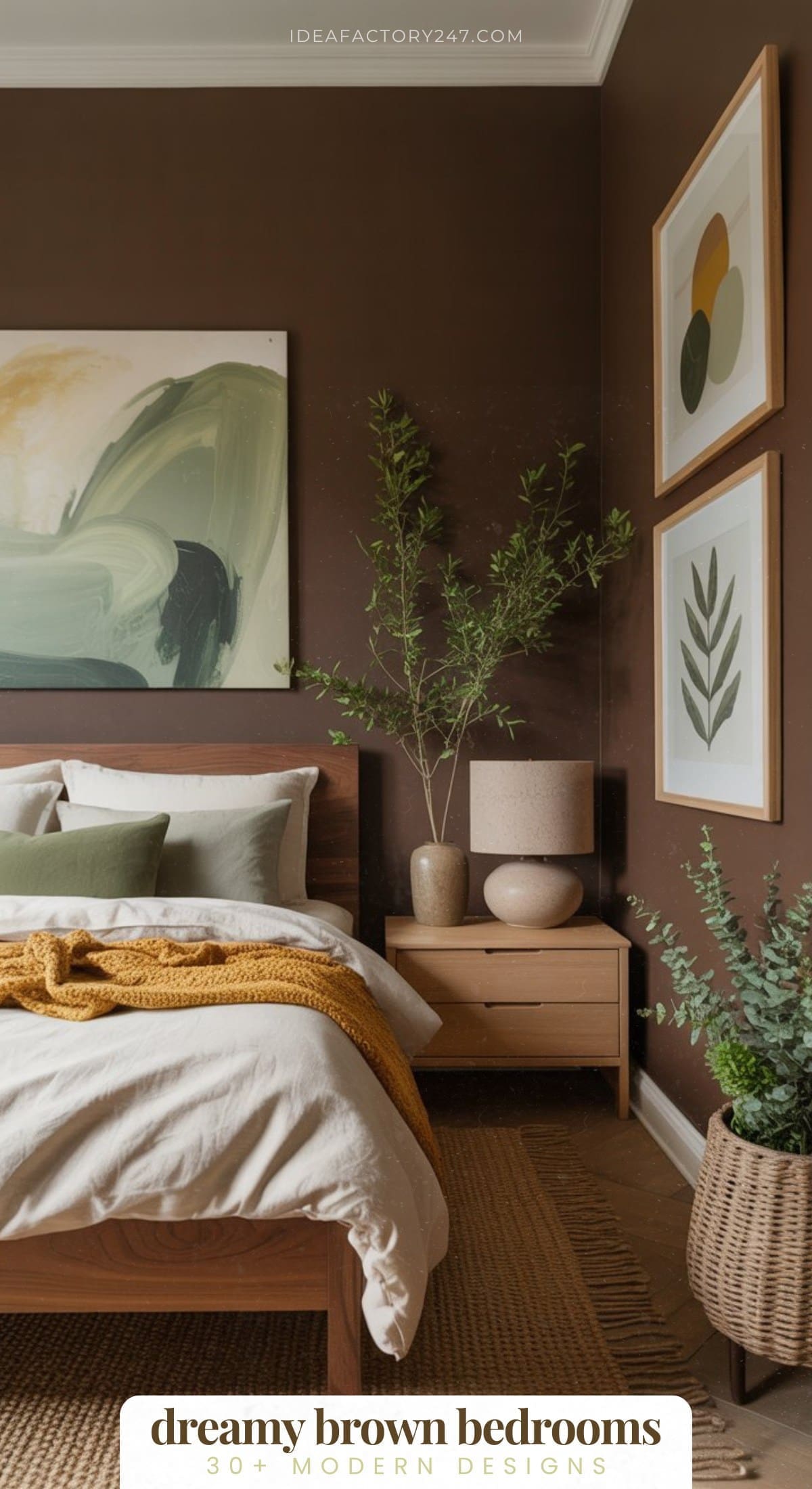 A cozy modern bedroom with brown walls, a wooden bed, beige bedding, green pillows, a mustard blanket, wooden nightstands, plants, and abstract art prints for a warm, earthy atmosphere.
