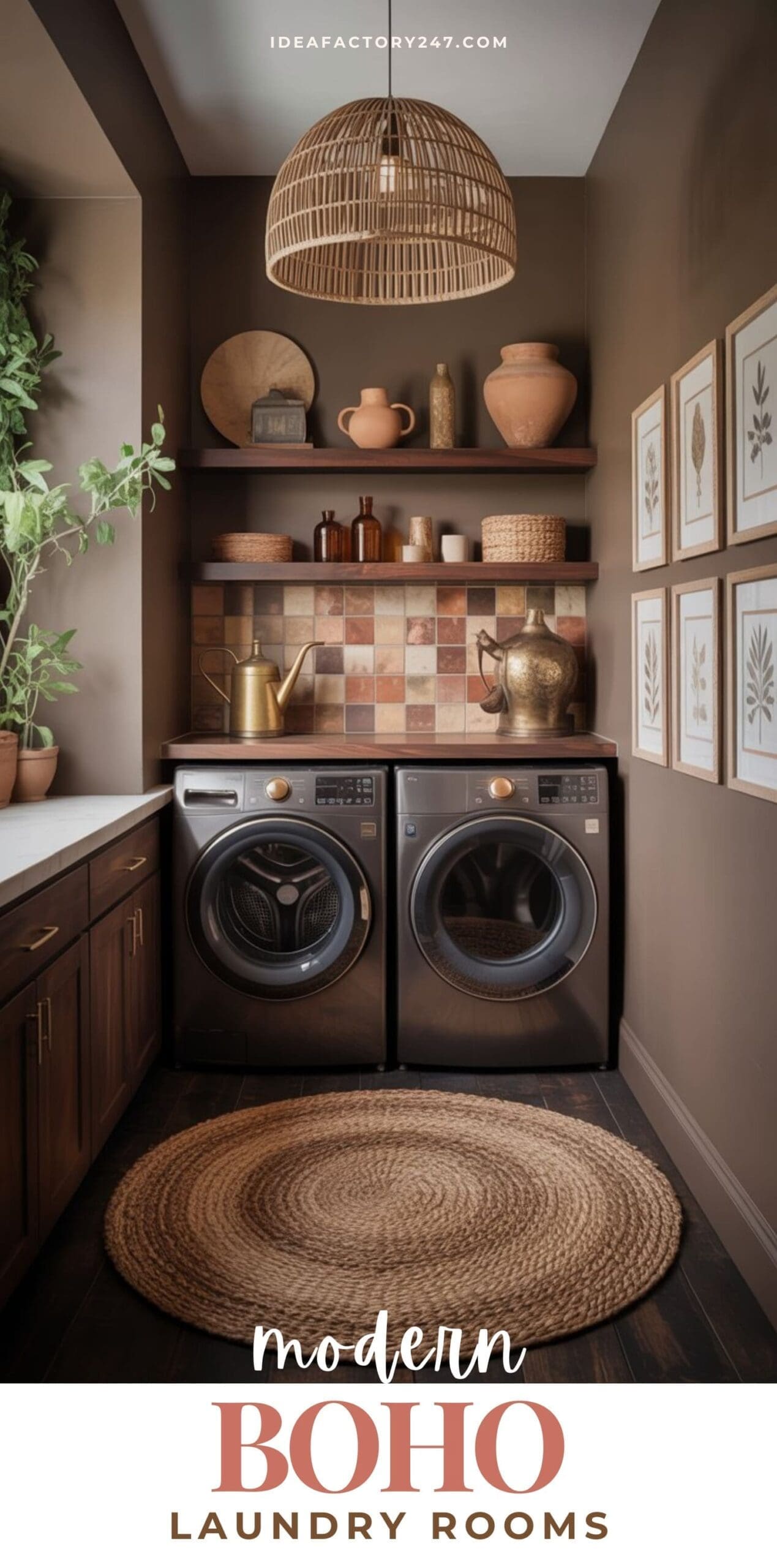A cozy modern boho laundry room with dark brown walls, a washer and dryer, open shelves with pottery, plants, framed botanical prints, a woven pendant lamp, and a round jute rug on the floor.