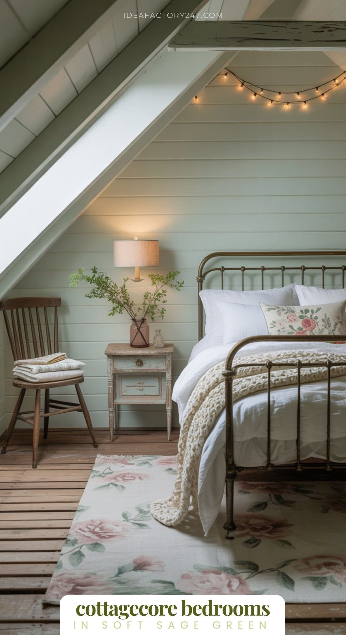 A cozy cottagecore bedroom with soft sage green walls, a brass bed with white bedding and a floral pillow, a vintage nightstand with a lamp and flowers, a wooden chair, string lights, and a floral rug—perfect for fans of green bedrooms.