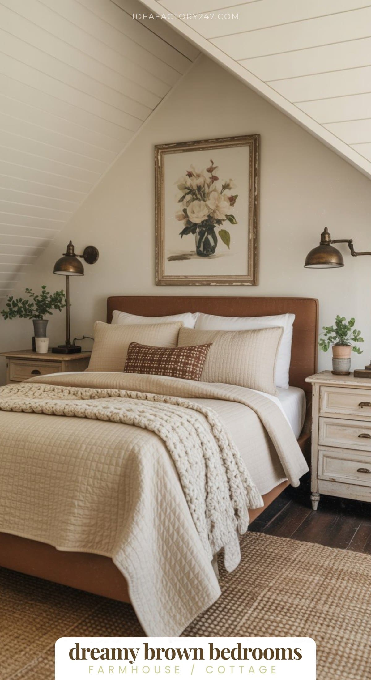 Cozy farmhouse bedroom with brown tones, a tufted bed, layered cream bedding, textured pillows, two nightstands with lamps, greenery, and a framed floral painting above the bed. Text reads dreamy brown bedrooms.