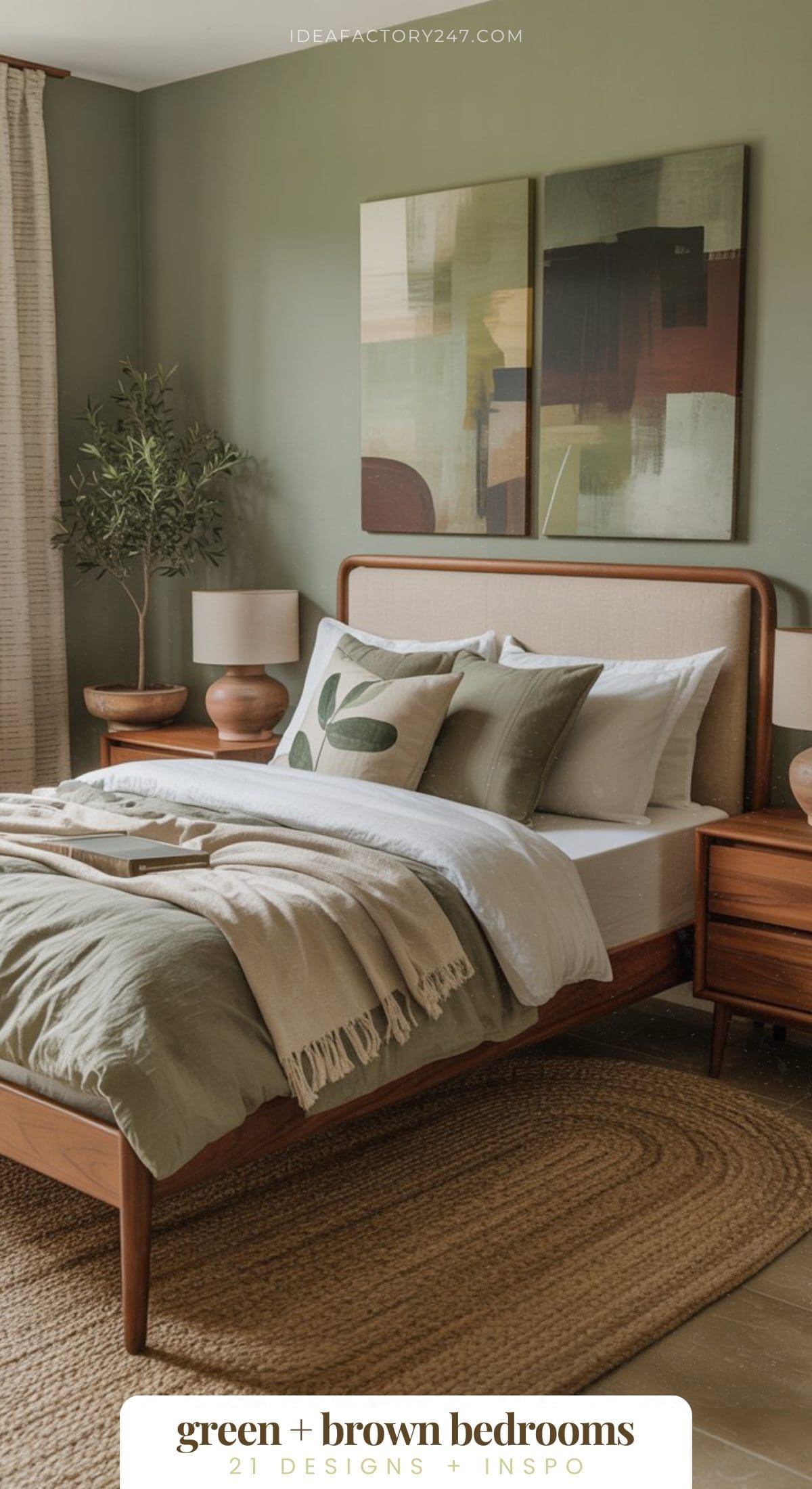 A stylish green and brown bedroom featuring a wooden bed with green bedding, matching pillows, wood nightstands, an abstract art piece on the green wall, a potted plant, and a round woven rug.