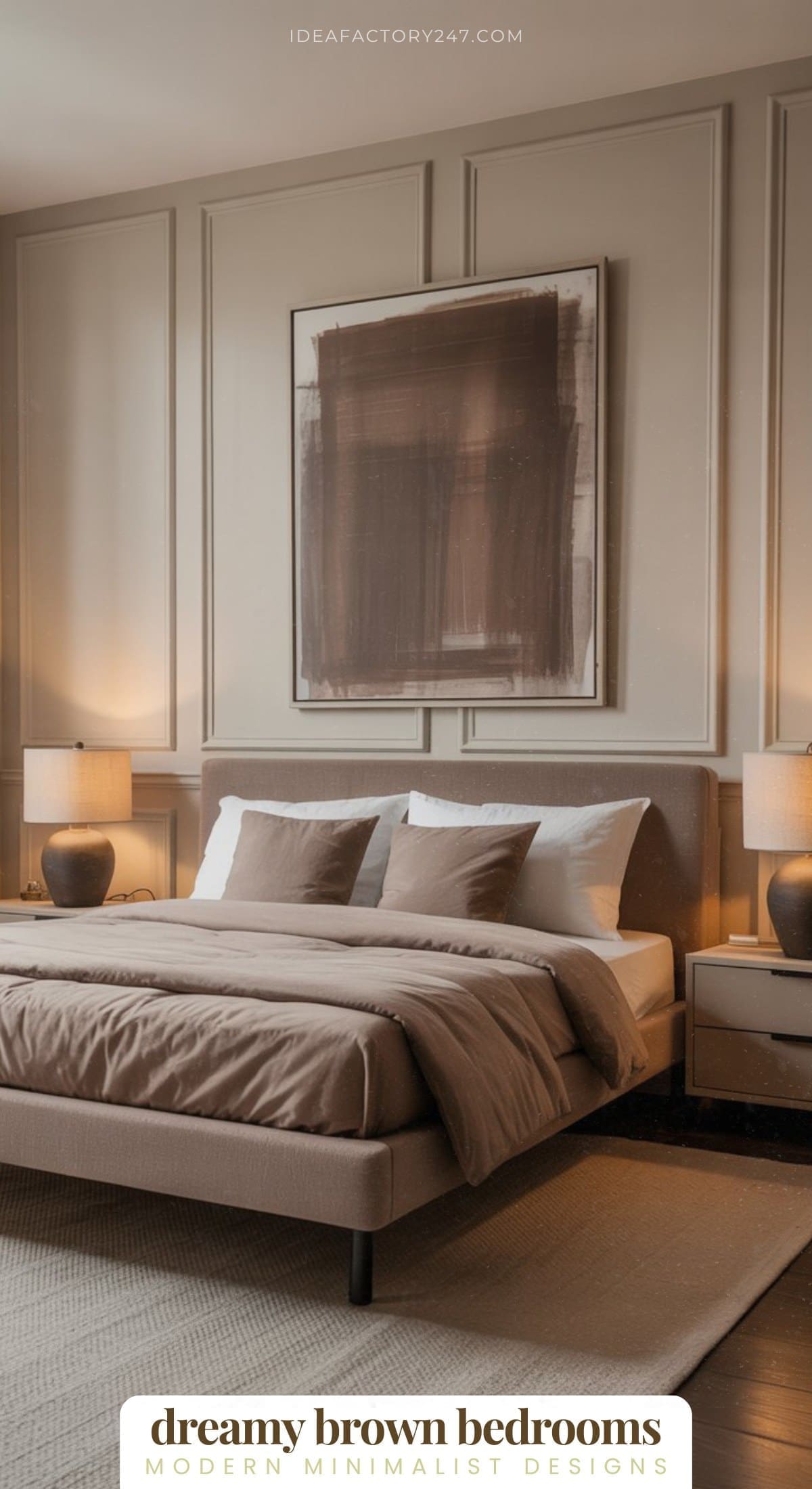 A modern minimalist bedroom with a brown upholstered bed, matching bedding, two nightstands with lamps, a neutral rug, and abstract brown artwork on the wall above the bed.
