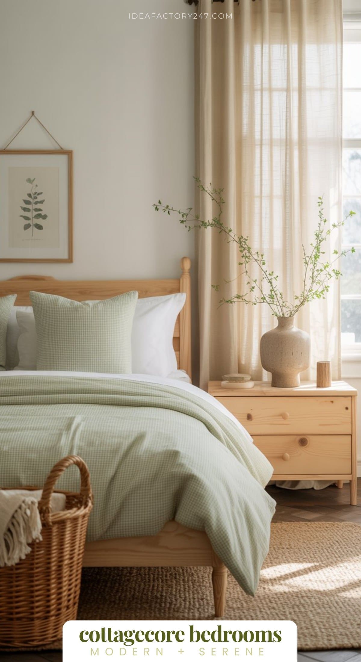 A cozy green bedroom with light wood furniture, green gingham bedding, a wicker basket, and a vase with branches on the nightstand, bathed in soft natural light from a sheer-curtained window.