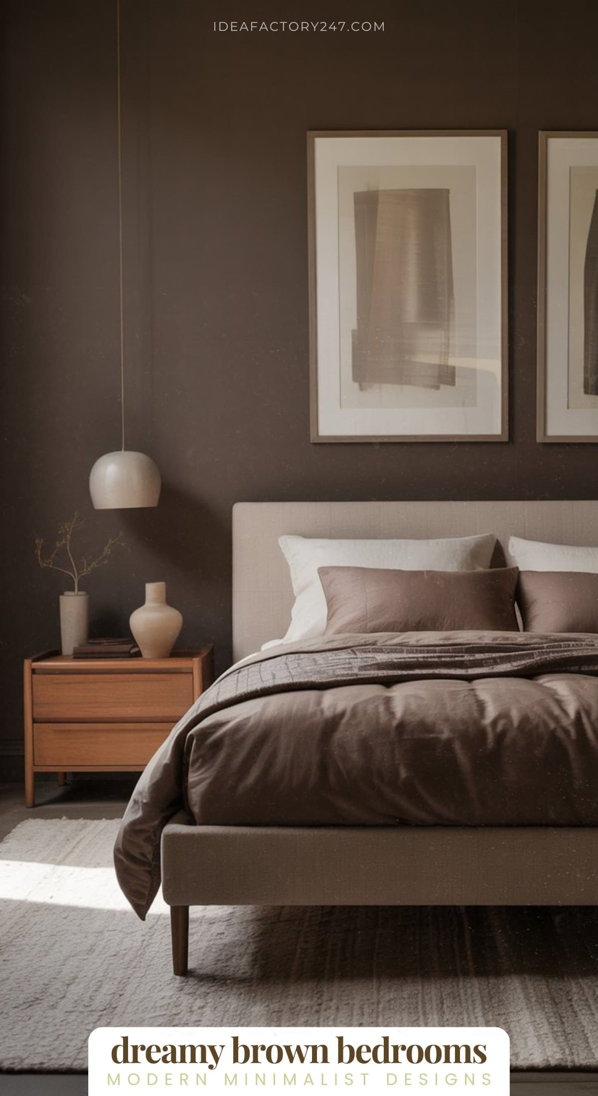 A modern minimalist bedroom with brown walls, matching bedding, and light beige headboard. There are two framed pictures above the bed, a wooden nightstand with decorative items, and a hanging pendant light.