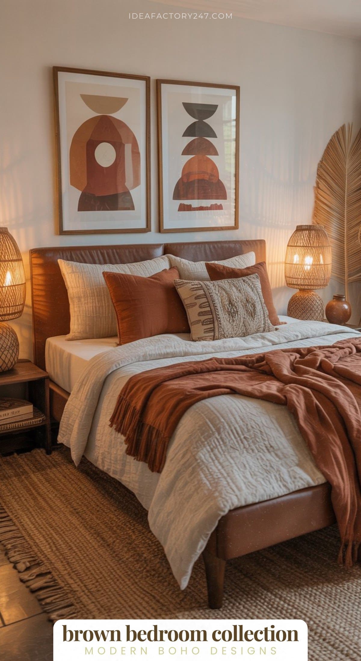 A cozy bedroom with a modern boho design features a bed with neutral and brown bedding, decorative pillows, rattan lamps, abstract wall art, and warm ambient lighting. Text at the bottom reads brown bedroom collection.