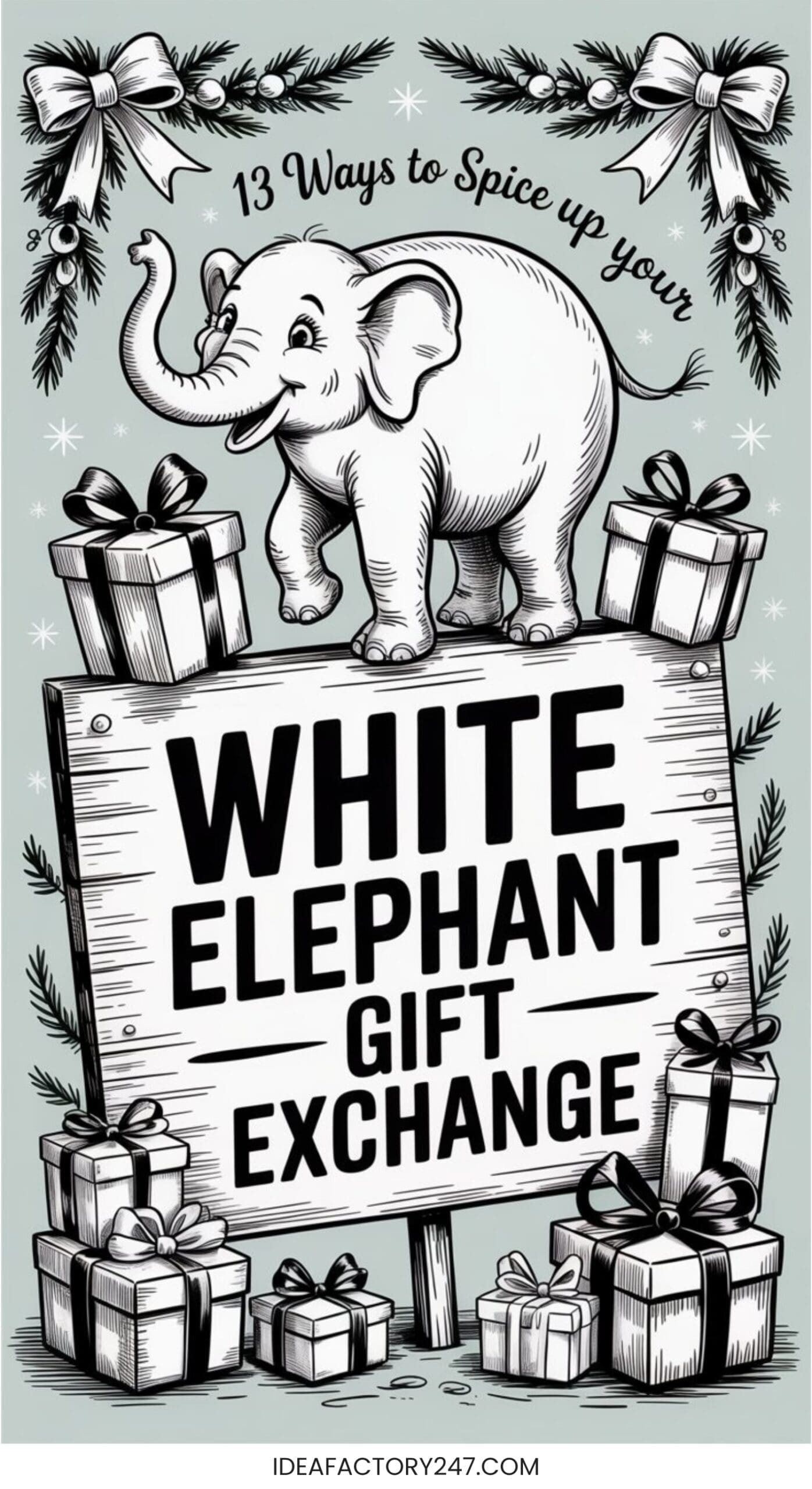 Black and white illustration of an elephant standing on a large sign that reads White Elephant Gift Exchange, surrounded by wrapped gifts, bows, pine branches, and the words 13 Ways to Spice up your at the top.