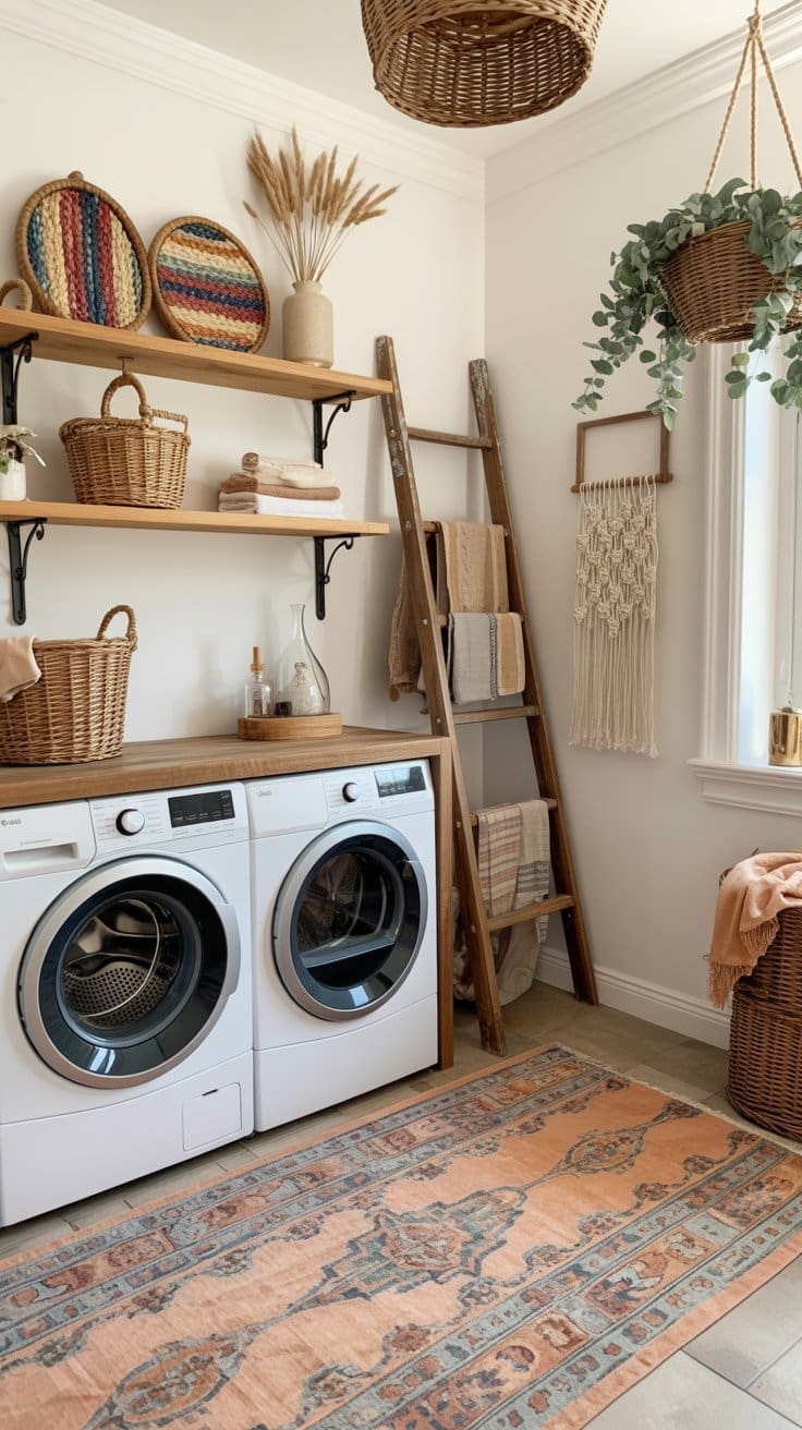 A cozy laundry room with a washer and dryer, wooden shelves holding baskets, a woven rug, a ladder with towels, and hanging plants. Warm, natural décor creates a bright, inviting atmosphere.