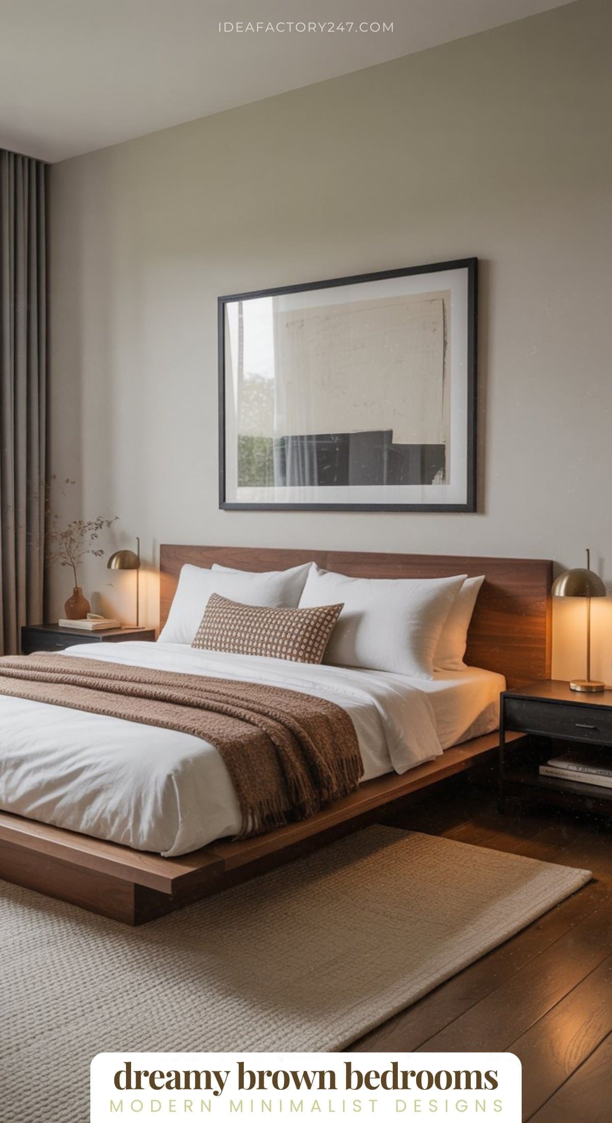A modern minimalist bedroom with a wooden bed, white and brown bedding, two bedside tables with lamps, a neutral rug, and a large framed art piece on the wall above the bed.