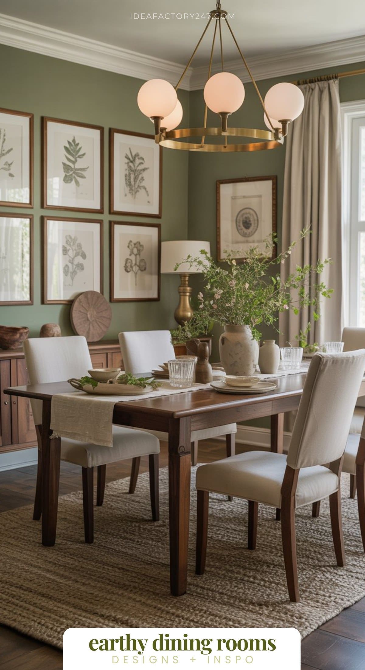 A dining room with a wooden table, white upholstered chairs, green walls, botanical art, a brass chandelier, and natural decor creates an earthy dining room atmosphere. Text reads: “earthy dining rooms DESIGNS + INSPO.”.