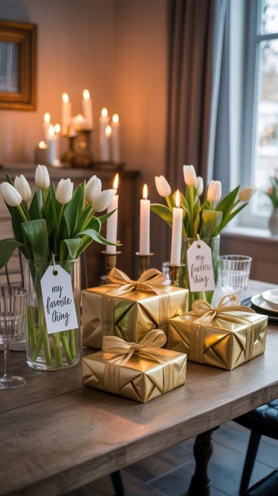 A dining table decorated with white tulips in vases labeled my favorite thing, lit candles, and several gold-wrapped gift boxes with ribbon bows. A cozy room with soft light and a window in the background.