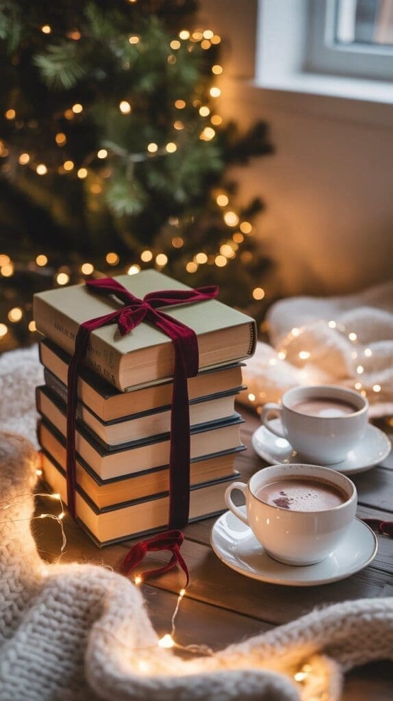 A stack of books tied with a red ribbon sits next to two cups of hot chocolate on a cozy table, with fairy lights, a knitted blanket, and a lit Christmas tree in the background.